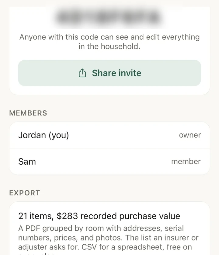 The WhereKept export section with a PDF for insurance and a spreadsheet export