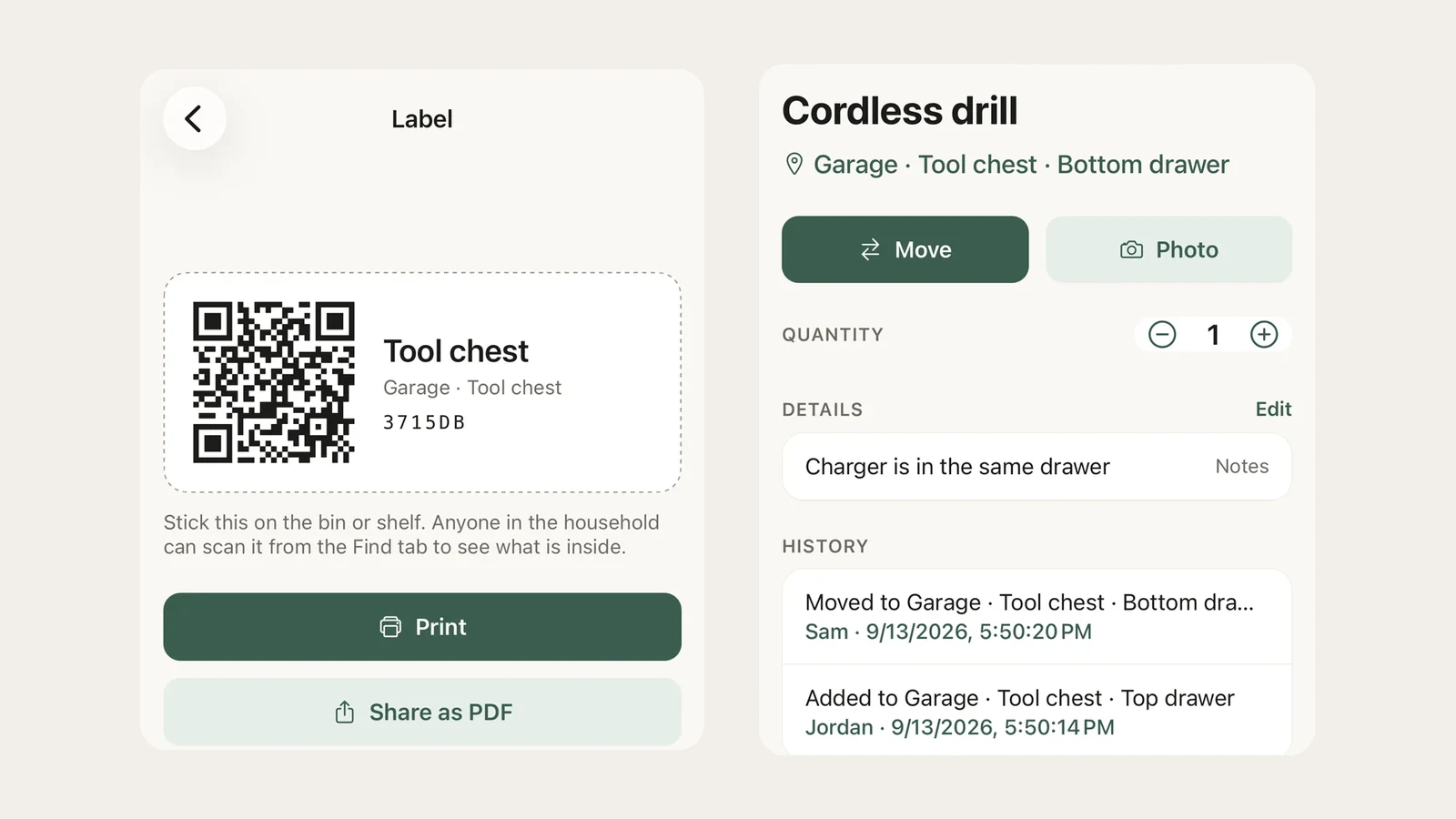 Two WhereKept screens: a printed label for a tool chest, and an item showing where it is and who moved it