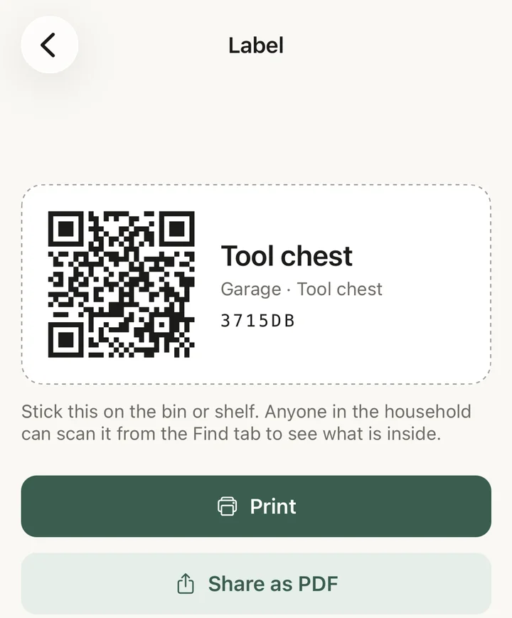 The WhereKept label screen for a tool chest with Print and Share as PDF buttons