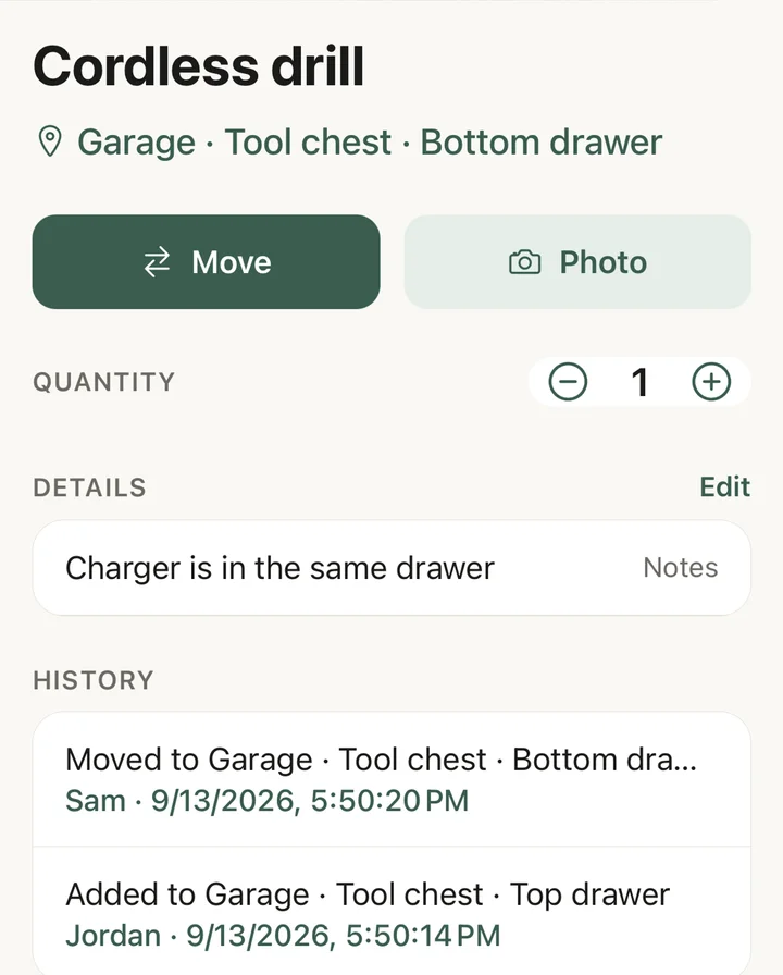 WhereKept item screen for a cordless drill showing its address and a history of who added and moved it