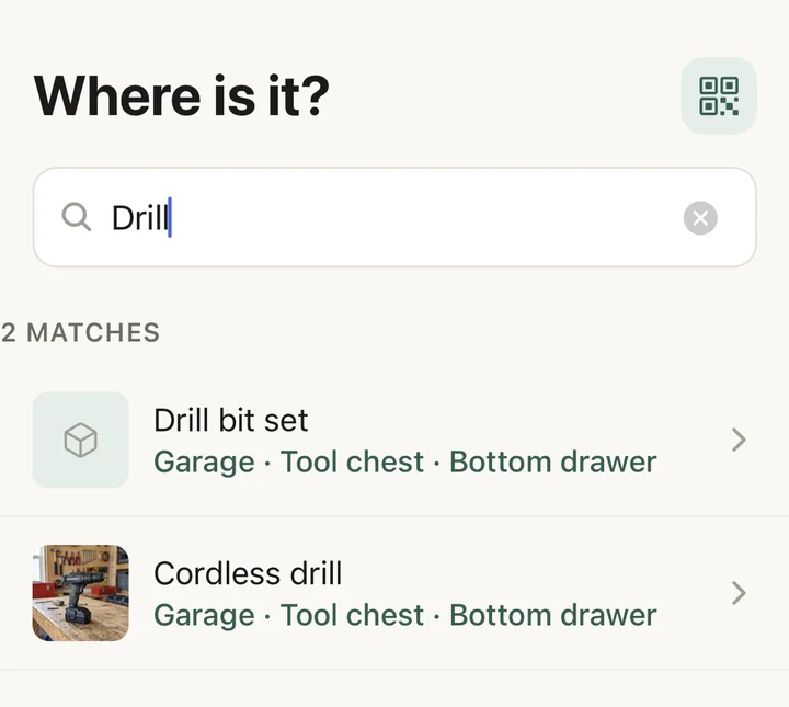 WhereKept search for drill showing two matches, each with its address in the garage tool chest