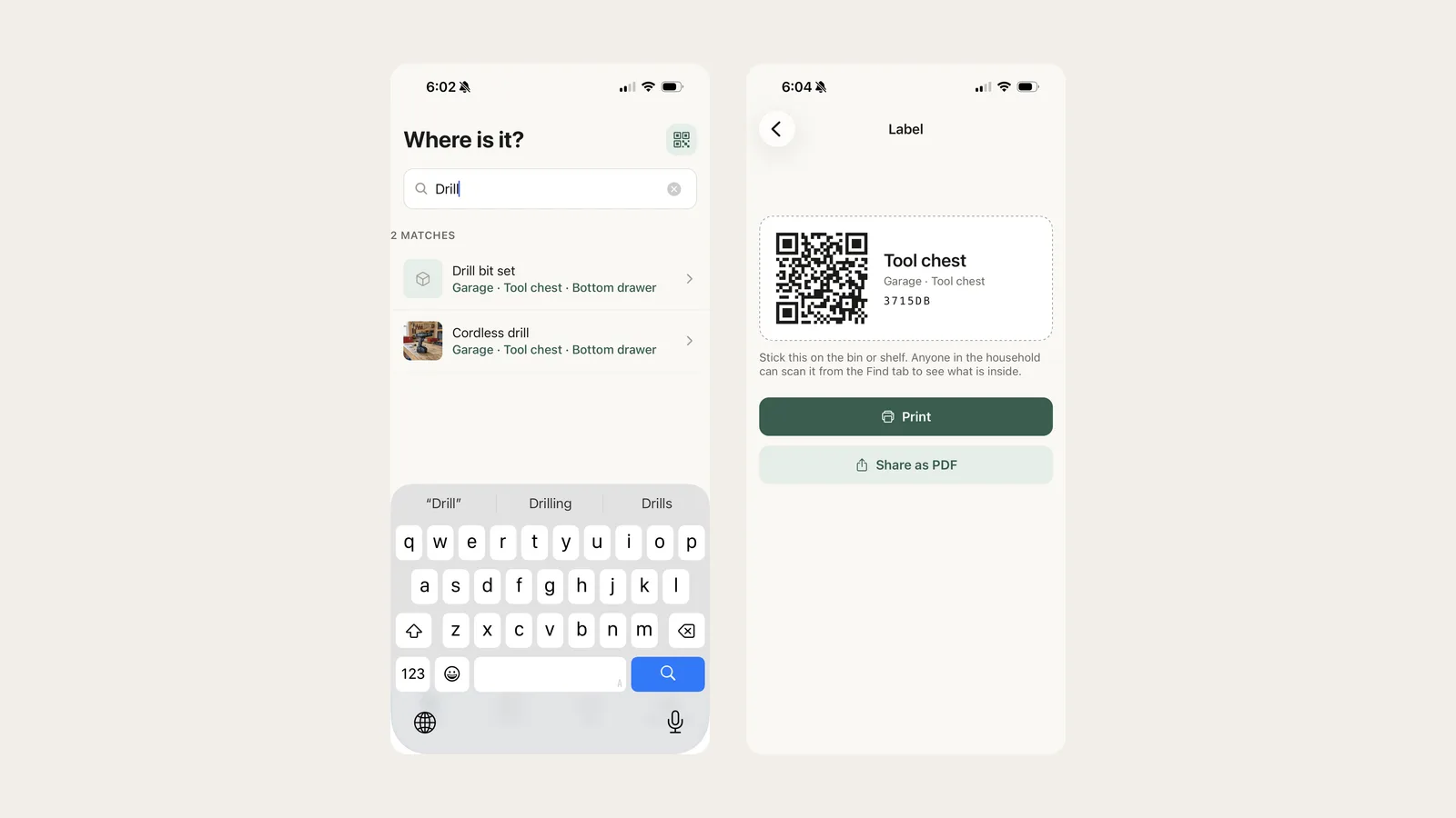 Two WhereKept screens: searching for an item, and a printed label for a tool chest