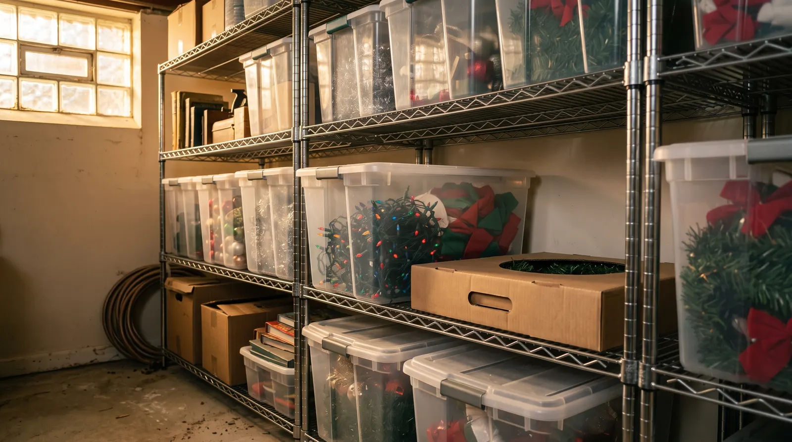 Basement shelves holding clear bins of holiday decorations and string lights