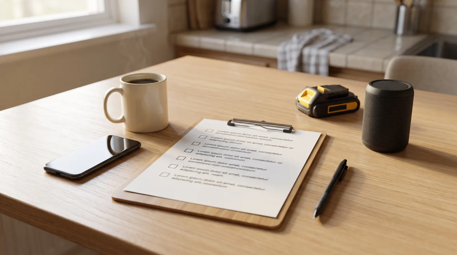 A printed checklist on a clipboard on a kitchen table beside a pen, a phone and a few household items