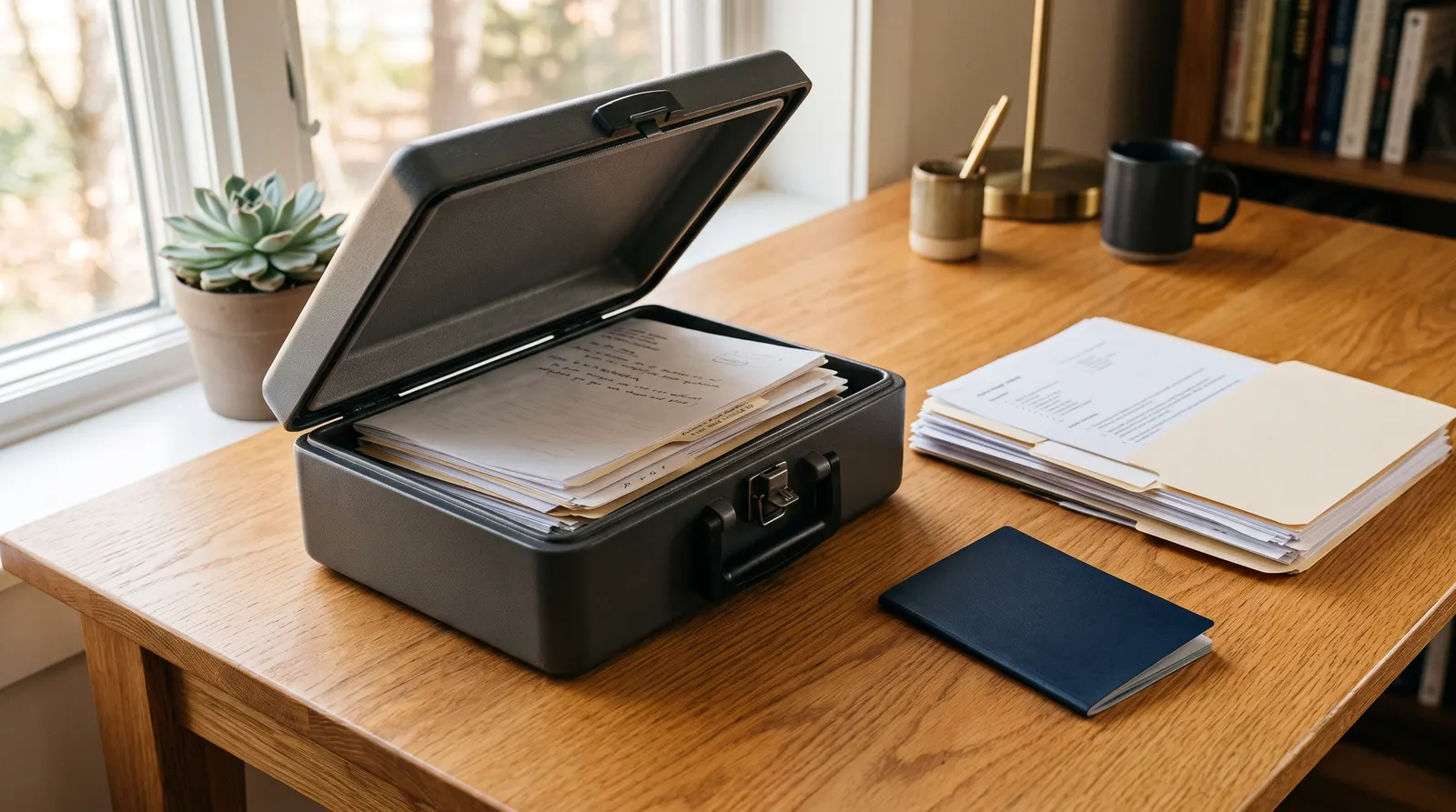 An open fireproof document box on a desk beside a folder of papers and a passport