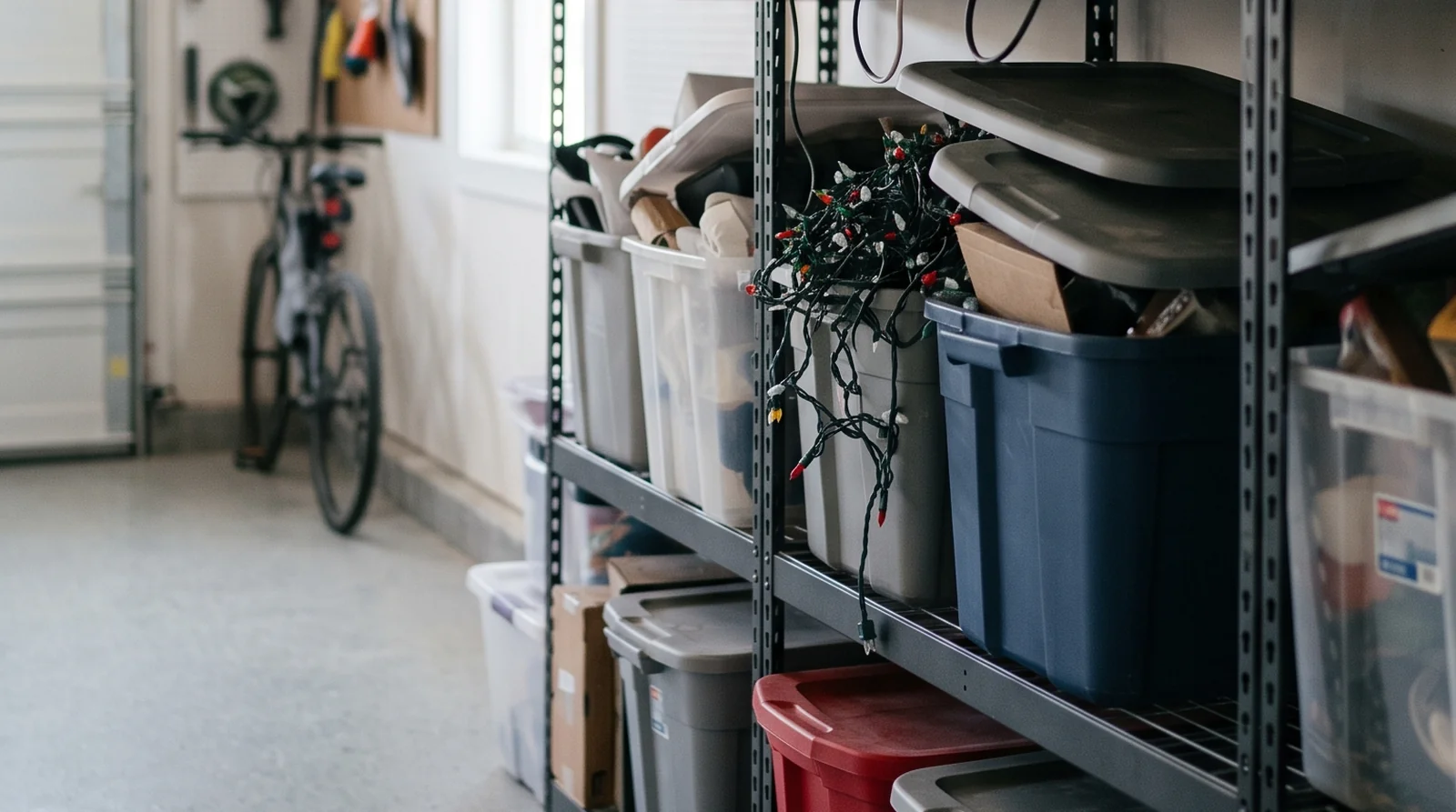 Metal shelves in a garage holding plastic storage bins, with a string of holiday lights spilling out of one