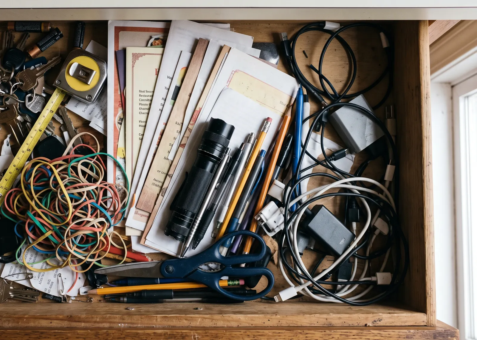An open kitchen drawer crowded with keys, a tape measure, rubber bands, pens, a flashlight, and chargers
