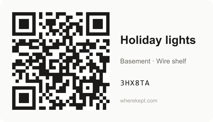 A WhereKept label with a QR code, the name Holiday lights, the address Basement wire shelf, and the code 3HX8TA